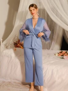 Slumberist Contrast Lace Fuzzy Cuff Belted PJ Set / Pajama Set, Fall Winter Clothes, Fluffy, Cozy - Dusty Blue - View 3