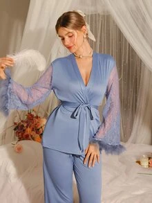 Slumberist Contrast Lace Fuzzy Cuff Belted PJ Set / Pajama Set, Fall Winter Clothes, Fluffy, Cozy - Dusty Blue - View 4