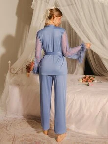 Slumberist Contrast Lace Fuzzy Cuff Belted PJ Set / Pajama Set, Fall Winter Clothes, Fluffy, Cozy - Dusty Blue - View 2