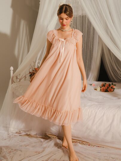 DelicateAllure Romantic Ruffle Bow-Tied Square Neck Sheer Nightgown Babydoll Luxe Loungewear, Moo Moo