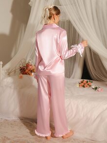 LuxeNights 1Set Solid Color Faux Silk Cuff Tie Design Long Sleeve Top & Pants Pajama Set, Fall Winter Clothes - Baby Pink - View 2