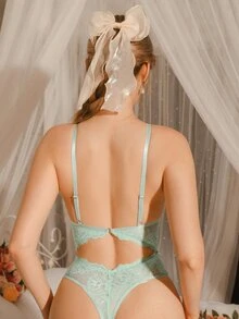 DelicateAllure Mint Green Lace Patchwork Cutout Slimming Romantic Elegant Women's Jumpsuit - Mint Green - View 2