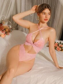 DelicateAllure Pink Lace Patchwork Cutout Slimming Romantic Elegant Women's Jumpsuit - Pink - View 3