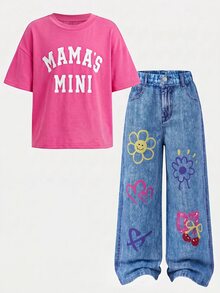 SHEIN 女童春夏可愛休閒簡約字母印花寬鬆短袖T恤＋長褲2件套，休閒居家時尚街頭風圓領落肩大廓型New York印花短袖T恤與直筒寬腿長褲套裝，仿牛仔印花長褲套裝 - 玫紅色 - 查看 3