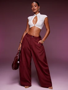 Denimoi Barrel Leg Trouser Pants Fashionable Statement Bottoms Barrel Pants - Burgundy - View 1