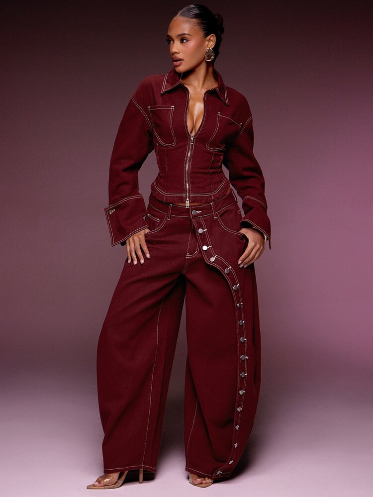 Denimoi Button Detail Wide Leg Barrel Jeans Fashionable Streetwear Statement Jeans Fashion Jeans Summer - Burgundy - View 3