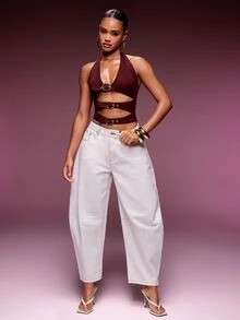 Denimoi Cut Out Buckle Detail Denim Halter Sexy Tops Denim On Denim Fashion Concert Outfits Festival - Burgundy - View 3