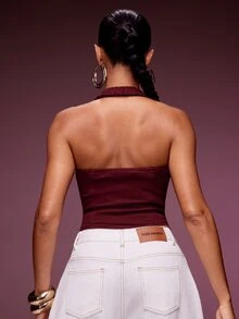 Denimoi Cut Out Buckle Detail Denim Halter Sexy Tops Denim On Denim Fashion Concert Outfits Festival - Burgundy - View 5