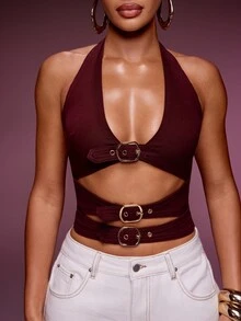 Denimoi Cut Out Buckle Detail Denim Halter Sexy Tops Denim On Denim Fashion Concert Outfits Festival - Burgundy - View 2