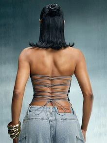 Denimoi Studded Washed Denim Tube Top Lace Up Tube Top Fashion Tops Denim Tops GNO Concert Outfits - Light Wash - View 5