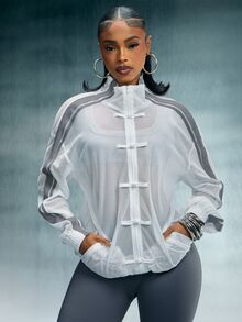 Denimoi High Neck Zip Front Mesh Fashion Jackets Pankou Buttons Frog Closure Hand-Tied Knot Buttons - Beige - View 3