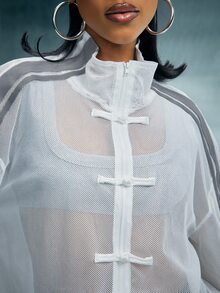 Denimoi High Neck Zip Front Mesh Fashion Jackets Pankou Buttons Frog Closure Hand-Tied Knot Buttons - Beige - View 6