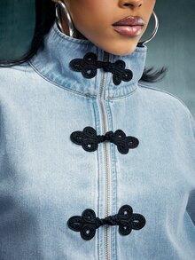 Denimoi High Neck Zip Front Denim Jacket Fashion Jackets Pankou Button Jacket Hand-Tied Knot Buttons - Medium Wash - View 6