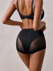 Veilyse 1pc High Waist Shaping Women's Panty, Breathable Mesh, Cross Tummy Control, Seamless Ice Silk, Slimming & Lifting - Black - View 3