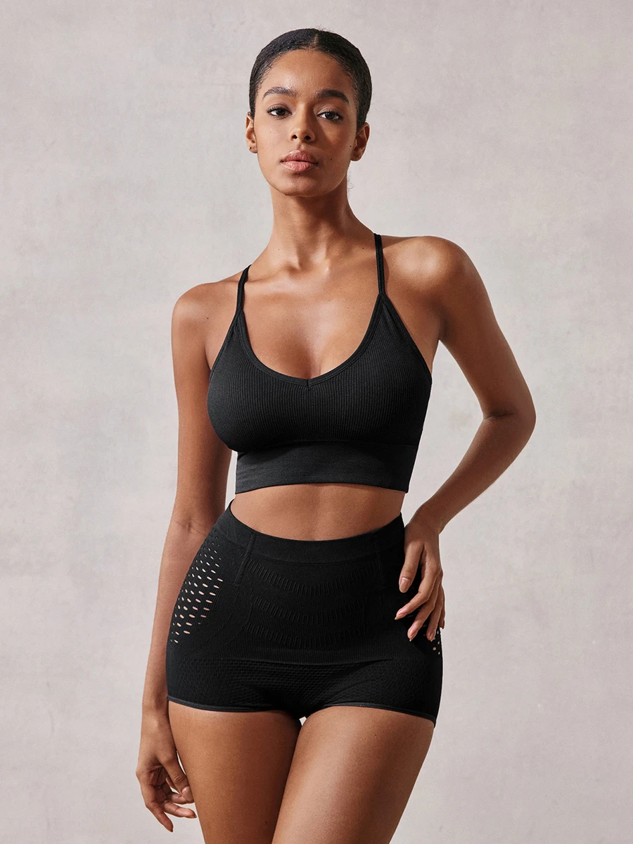 Veilyse 1pc Backless Criss-Cross Strap High Elasticity Wireless Daily Bra, Medium-Impact Seamless Racerback Yoga Sports Bra, Breathable & Comfortable