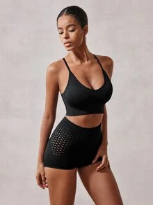 Veilyse 1pc Backless Criss-Cross Strap High Elasticity Wireless Daily Bra, Medium-Impact Seamless Racerback Yoga Sports Bra, Breathable & Comfortable - Black - View 7
