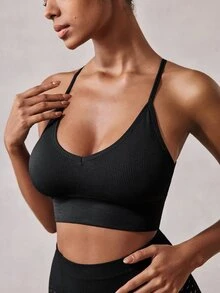 Veilyse 1pc Backless Criss-Cross Strap High Elasticity Wireless Daily Bra, Medium-Impact Seamless Racerback Yoga Sports Bra, Breathable & Comfortable - Black - View 9