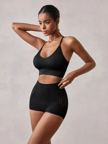 Veilyse 1pc Backless Criss-Cross Strap High Elasticity Wireless Daily Bra, Medium-Impact Seamless Racerback Yoga Sports Bra, Breathable & Comfortable - Black - View 5
