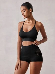 Veilyse 1pc Backless Criss-Cross Strap High Elasticity Wireless Daily Bra, Medium-Impact Seamless Racerback Yoga Sports Bra, Breathable & Comfortable - Black - View 6