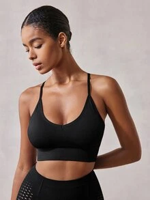 Veilyse 1pc Backless Criss-Cross Strap High Elasticity Wireless Daily Bra, Medium-Impact Seamless Racerback Yoga Sports Bra, Breathable & Comfortable - Black - View 8