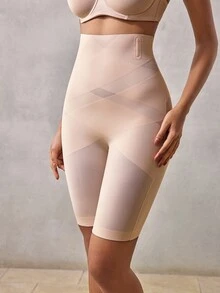 Veilyse 1pc Women Waist Slimmer Criss-Cross High Waist Control Body Shaper Shorts - Apricot - View 5