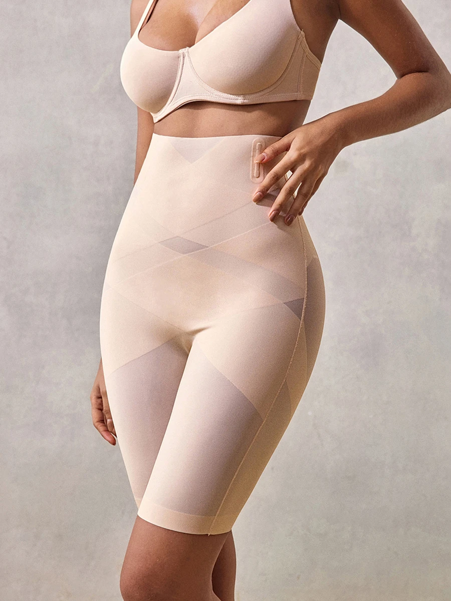 Veilyse 1pc Women Waist Slimmer Criss-Cross High Waist Control Body Shaper Shorts - Apricot - View 1