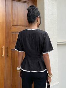 Siren Gaze Women's Contrast Color Frog Button Casual Daily Outing Shirt - Black - View 2