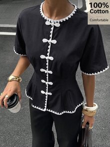 Siren Gaze Women's Contrast Color Frog Button Casual Daily Outing Shirt - Black - View 4