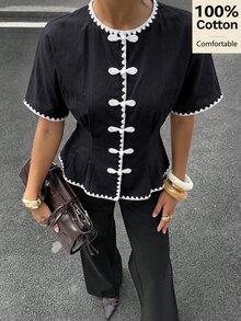 Siren Gaze Women's Contrast Color Frog Button Casual Daily Outing Shirt - Black - View 1