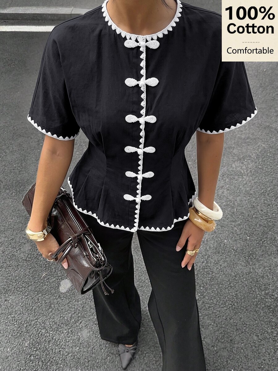 Siren Gaze Women's Contrast Color Frog Button Casual Daily Outing Shirt - Black - View 1