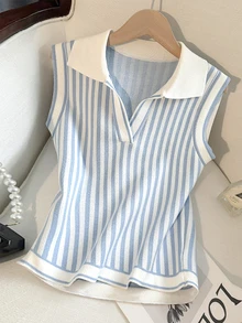 GlowEve 女士夏季休闲条纹吊带背心和迷你裙两件套 - 藍白色 - 查看 5