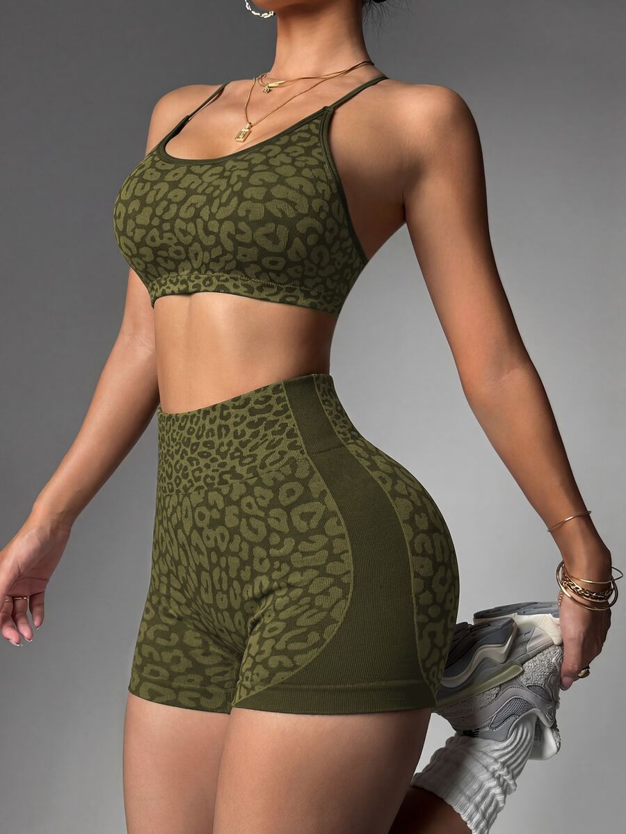 SHEIN Sports 豹紋寬腰帶運動套裝 - 軍綠色 - 查看 1