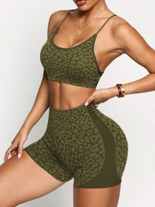 SHEIN Sports 豹紋寬腰帶運動套裝 - 軍綠色 - 查看 3