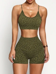 SHEIN Sports 豹紋寬腰帶運動套裝 - 軍綠色 - 查看 4