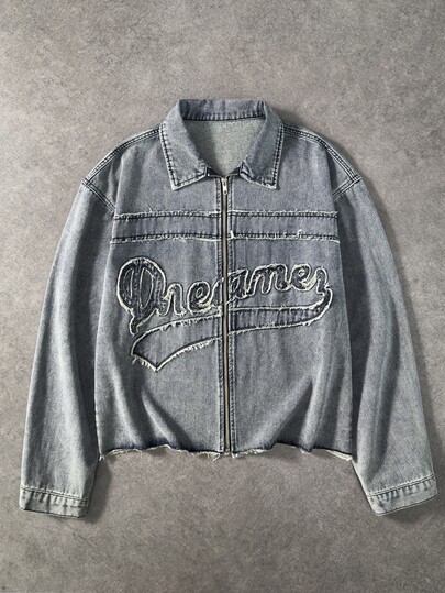 Chaqueta vaquera de manga larga con cremallera, bordado y patchwork versátil para hombre