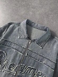 ROMWE MEN جاكيت جينز رجالي متعدد الاستخدامات بتصميم مرقع مطرز بسحاب وأكمام طويلة - الأزرق - مشاهدة 4