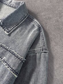 ROMWE MEN جاكيت جينز رجالي متعدد الاستخدامات بتصميم مرقع مطرز بسحاب وأكمام طويلة - الأزرق - مشاهدة 5