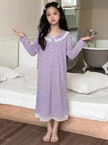 Dazy Kids Tween Girl Fall Clothes Girls (Large) Round Neck Woven Floral Print Short Sleeve Loungewear Summer - Purple - View 3