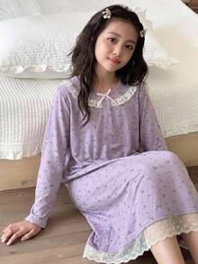 Dazy Kids Tween Girl Fall Clothes Girls (Large) Round Neck Woven Floral Print Short Sleeve Loungewear Summer - Purple - View 4