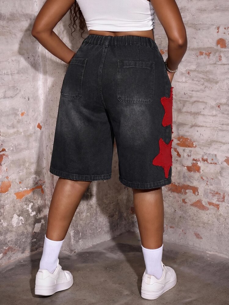 Slaydiva New Plus-Size Denim Shorts, Casual Traditional Loose Fit, 5/8 Length, Star Pattern Dark Purple Jeans, Y2K Summer Style Back To School Halloween Brunch - Black - View 2