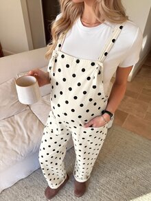 SHEIN 孕婦波點休閒日常牛仔連身褲 女款牛仔女牛仔裝 西部風格女裝 波點 - 杏色 - 查看 7