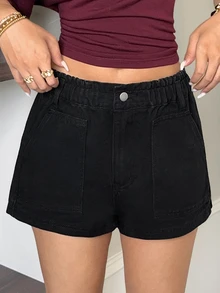 Rivivi Celana Pendek Denim Fashion Wanita Gaya Jalanan dengan Saku Kancing - Hitam - View 6