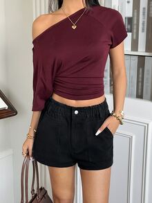 Rivivi Celana Pendek Denim Fashion Wanita Gaya Jalanan dengan Saku Kancing - Hitam - View 7