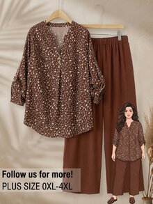 Rusticease Plus Size Women's All-Over Print Top And Pants Casual Daily 2 Pieces Set Fall - Brown - View 1