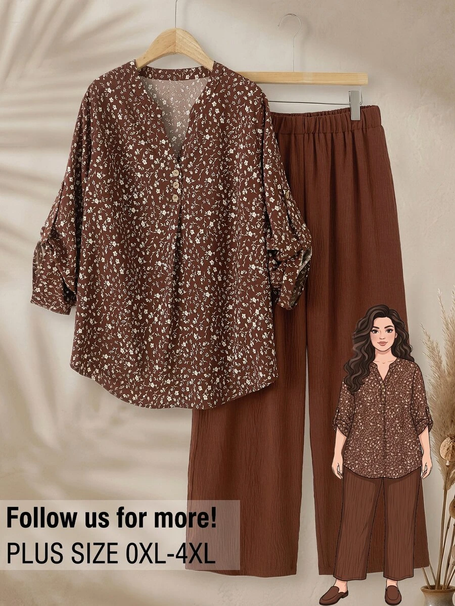 Rusticease Plus Size Women's All-Over Print Top And Pants Casual Daily 2 Pieces Set Fall - Brown - View 1