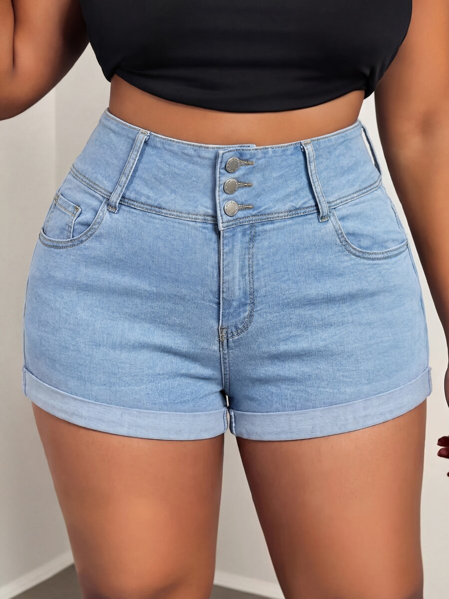 SHEIN ICON 大码高腰休闲牛仔短裤,夏季 - 淺色水洗藍 - 查看 1