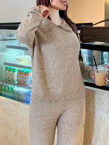 Solavon Women's Rhinestone Decor Long Sleeve Top And Pants Casual Daily Knit 2 Pieces Set - Camel - View 2
