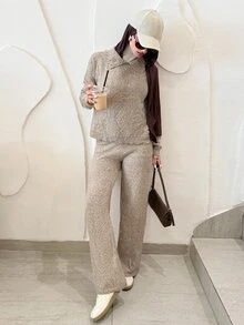 Solavon Women's Rhinestone Decor Long Sleeve Top And Pants Casual Daily Knit 2 Pieces Set - Camel - View 4