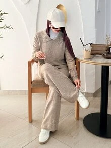 Solavon Women's Rhinestone Decor Long Sleeve Top And Pants Casual Daily Knit 2 Pieces Set - Camel - View 3