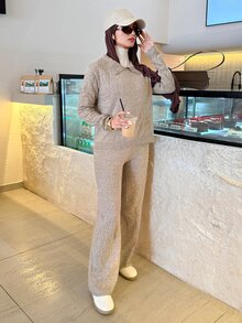 Solavon Women's Rhinestone Decor Long Sleeve Top And Pants Casual Daily Knit 2 Pieces Set - Camel - View 6